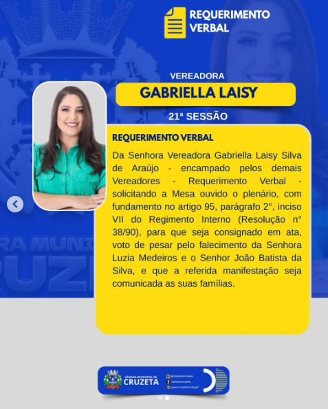 📌 Confira o requerimento verbal apresentado pela vereadora Gabriella Laisy durante a 21ª Sessão Ordinária