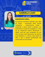 📌 Confira o requerimento verbal apresentado pela vereadora Gabriella Laisy durante a 21ª Sessão Ordinária