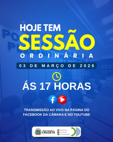 A Câmara Municipal de Cruzeta informa que hoje, às 17h, será realizada Sessão Ordinária no Plenário da Casa Legislativa.
