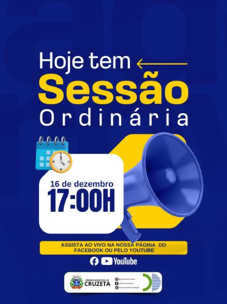A Câmara Municipal de Cruzeta informa que hoje haverá Sessão Ordinária, com início previsto para as 17h.