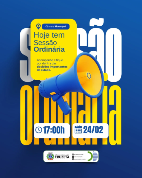 A Câmara Municipal de Cruzeta informa que hoje haverá Sessão Ordinária, no Plenário Pedro Vital, com início às 17 horas.