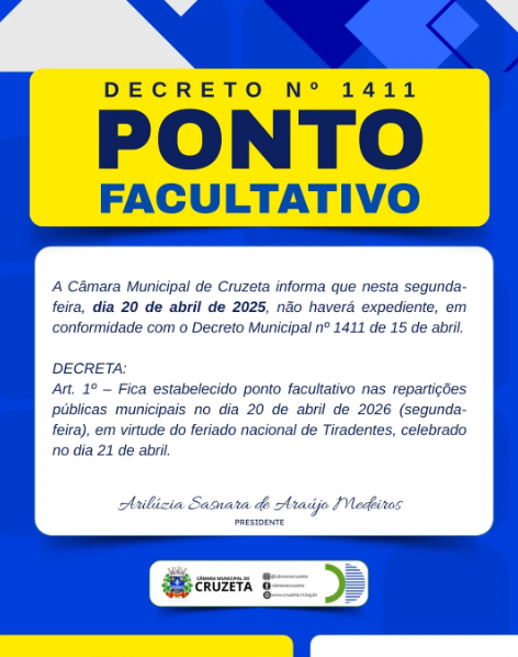A Câmara Municipal de Cruzeta informa que nesta segunda-feira, dia 20 de abril de 2025, não haverá expediente