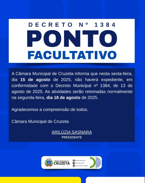 A Câmara Municipal de Cruzeta informa que nesta sexta-feira, dia 15 de agosto de 2025