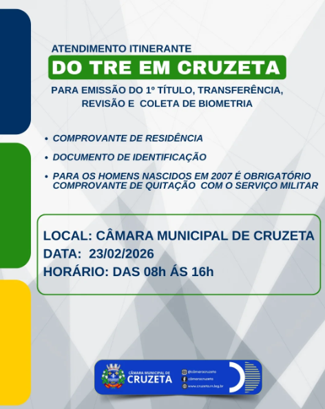 A Câmara Municipal de Cruzeta informa que o atendimento itinerante do TRE estará no município para emissão do 1º título, transferência, revisão e coleta de biometria.