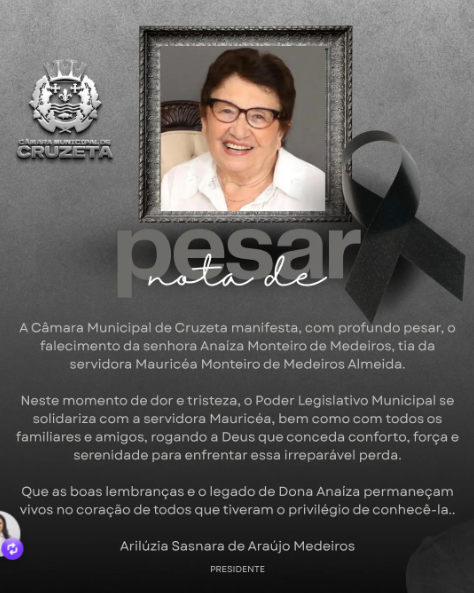 A Câmara Municipal de Cruzeta manifesta, com profundo pesar, o falecimento da senhora Anaíza Monteiro de Medeiros, tia da servidora Mauricéa Monteiro de Medeiros Almeida.