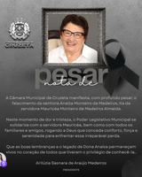 A Câmara Municipal de Cruzeta manifesta, com profundo pesar, o falecimento da senhora Anaíza Monteiro de Medeiros, tia da servidora Mauricéa Monteiro de Medeiros Almeida.