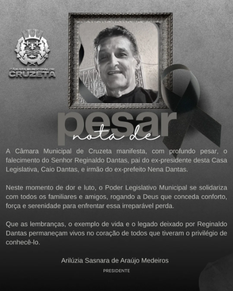 A Câmara Municipal de Cruzeta manifesta, com profundo pesar, o falecimento do Senhor Reginaldo Dantas, pai do ex-presidente desta Casa Legislativa, Caio Dantas, e irmão do ex-prefeito Nena Dantas.