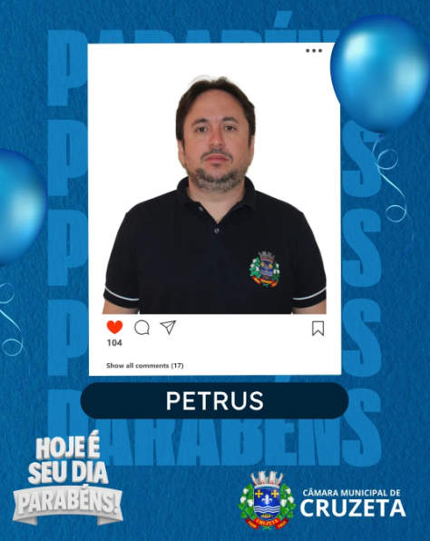 A Câmara Municipal de Cruzeta parabeniza o Coordenador de Serviços Jurídicos, Petrus Romani, pelo seu aniversário.