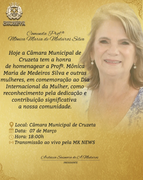 A Câmara Municipal de Cruzeta realizará hoje, às 18 horas, uma Sessão Solene em comemoração ao Dia Internacional da Mulher.