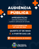 A Câmara Municipal de Cruzeta, torna público e convoca todos os interessados para a Audiência Pública da Secretaria Municipal de Saúde que será realizada no dia 07 de maio de 2025, às 14h