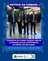 A Presidente da Câmara Municipal de Cruzeta, Vereadora Arilúzia Sasnara, juntamente com os Vereadores Cypriano Pinheiro, Ethel Moraes e Walfredo Cesino, estão cumprindo agenda em Brasília