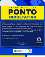 Câmara Municipal de Cruzeta informa que nesta segunda-feira, dia 03 de novembro de 2025, não haverá expediente, em conformidade com o Decreto Municipal nº 1392.