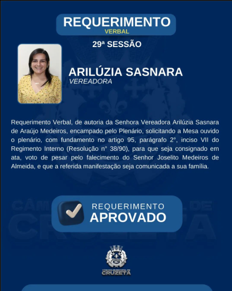 CONFIRA O REQUERIMENTO VERBAL DA VEREADORA ARILÚZIA SASNARA , NA 29° SESSÃO ORDINÁRIA.