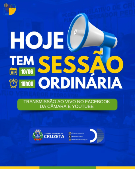 Hoje, excepcionalmente, a Sessão Ordinária da Câmara Municipal de Cruzeta será realizada às 10 horas da manhã, em virtude das festividades de Santo Antônio.