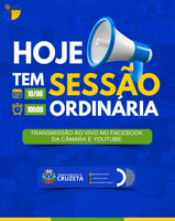 Hoje, excepcionalmente, a Sessão Ordinária da Câmara Municipal de Cruzeta será realizada às 10 horas da manhã, em virtude das festividades de Santo Antônio.