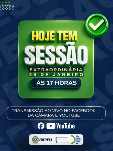 Hoje tem Sessão Extraordinária no Plenário Pedro Vital da Câmara Municipal de Cruzeta, início previsto para às 17h
