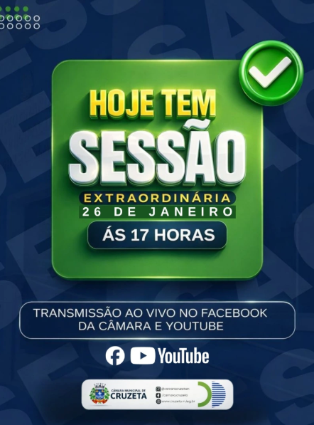 Hoje tem Sessão Extraordinária no Plenário Pedro Vital da Câmara Municipal de Cruzeta, início previsto para às 17h