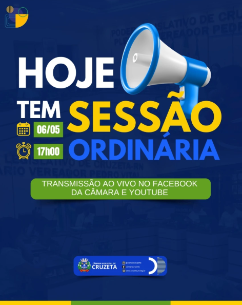 Hoje tem Sessão Ordinária na Câmara Municipal de Cruzeta, a partir das 17 horas. Acompanhe ao vivo pela nossa página no Facebook! 🏛️📲