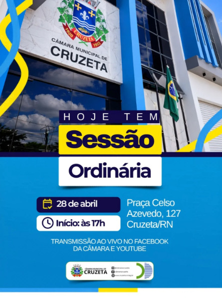 Hoje tem Sessão Ordinária na Câmara Municipal de Cruzeta,  com início previsto para às 17h, estaremos transmitindo tudo ao vivo pela nossa página do Facebook e YouTube.