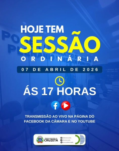 Hoje tem Sessão Ordinária na Câmara Municipal de Cruzeta, início previsto para às 17h, estaremos transmitindo ao vivo pela nossa página do Facebook e YouTube!