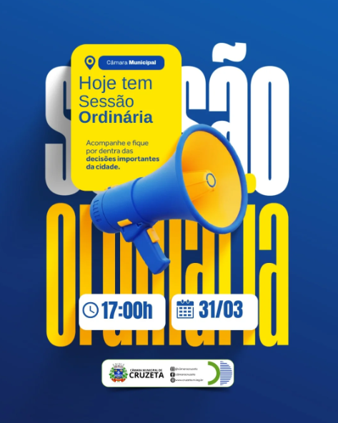 Hoje tem sessão ordinária no Plenário Pedro Vital da Câmara Municipal de Cruzeta, com início às 17h. Participe e acompanhe de perto as decisões que impactam nossa cidade!