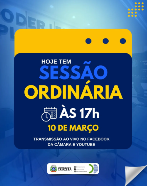 Hoje tem Sessão Ordinária no Plenário Pedro Vital da Câmara Municipal de Cruzeta, com início às 17h