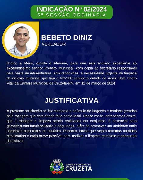 Indico a Mesa, ouvido o Plenário, para que seja enviado expediente ao excelentíssimo senhor Prefeito Municipal solicitando-lhes, a necessidade urgente de limpeza da ciclovia municipal que liga a RN-288 sentido a cidade de Acari